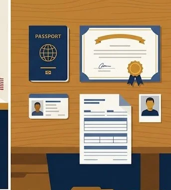 Flat lay of documents required for a U.S. passport application including passport, certificate, ID, and photo