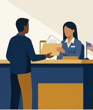 Person submitting passport application documents at an acceptance facility counter